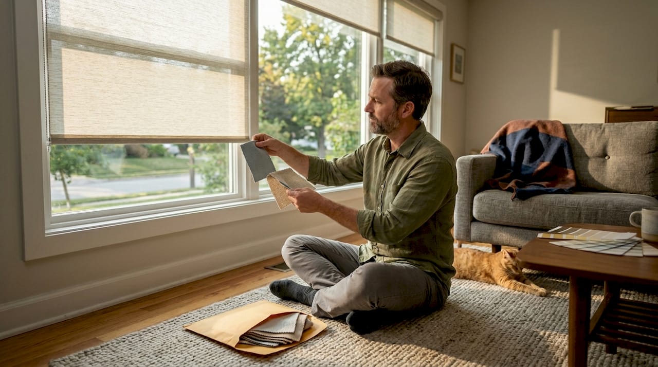 Homeowner comparing shade fabric samples