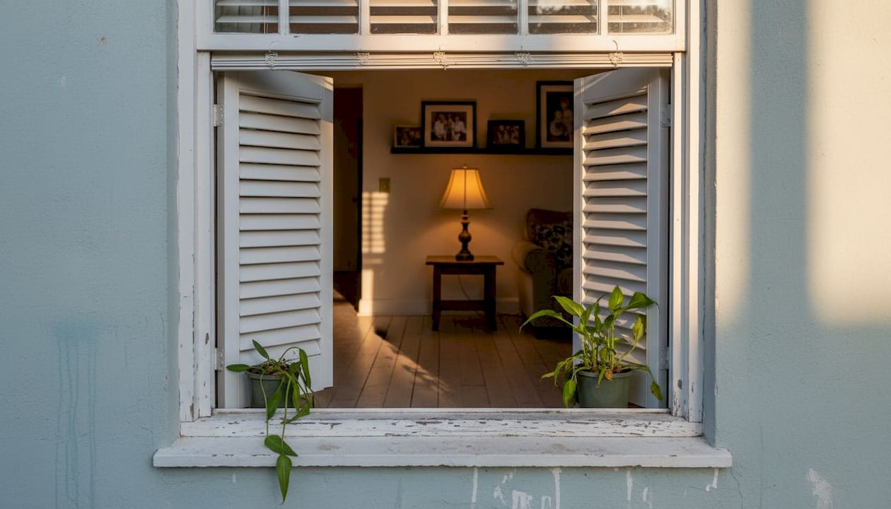 Exterior louvered blinds creating indoor shadows