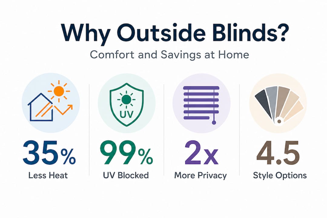 Infographic showing energy savings and comfort from exterior blinds