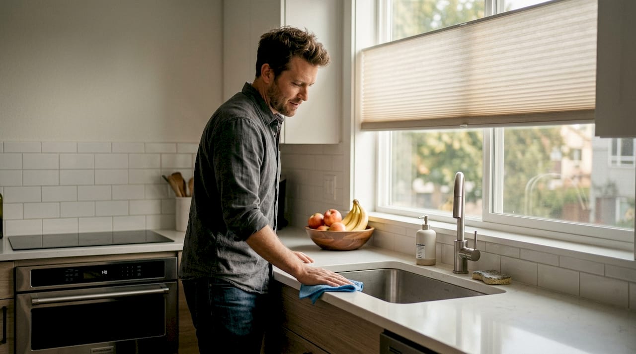 Man in kitchen with remote control cellular shades