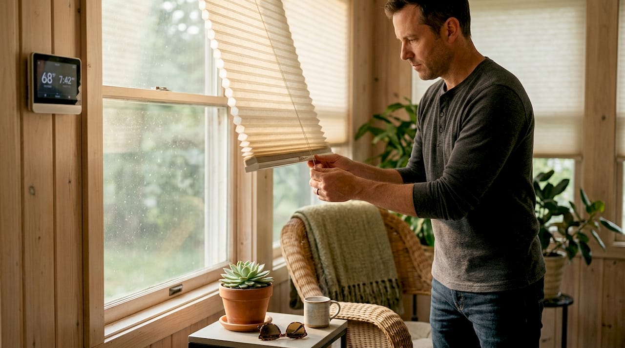 Man adjusting double-cell shade in kitchen