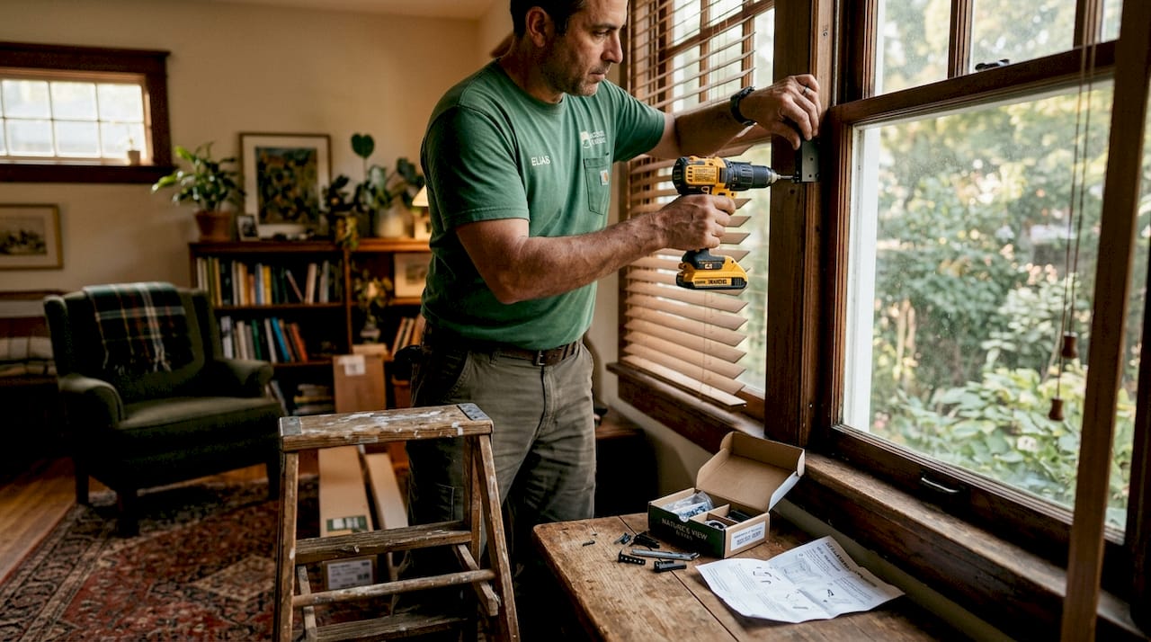 Man installing wood blinds on window