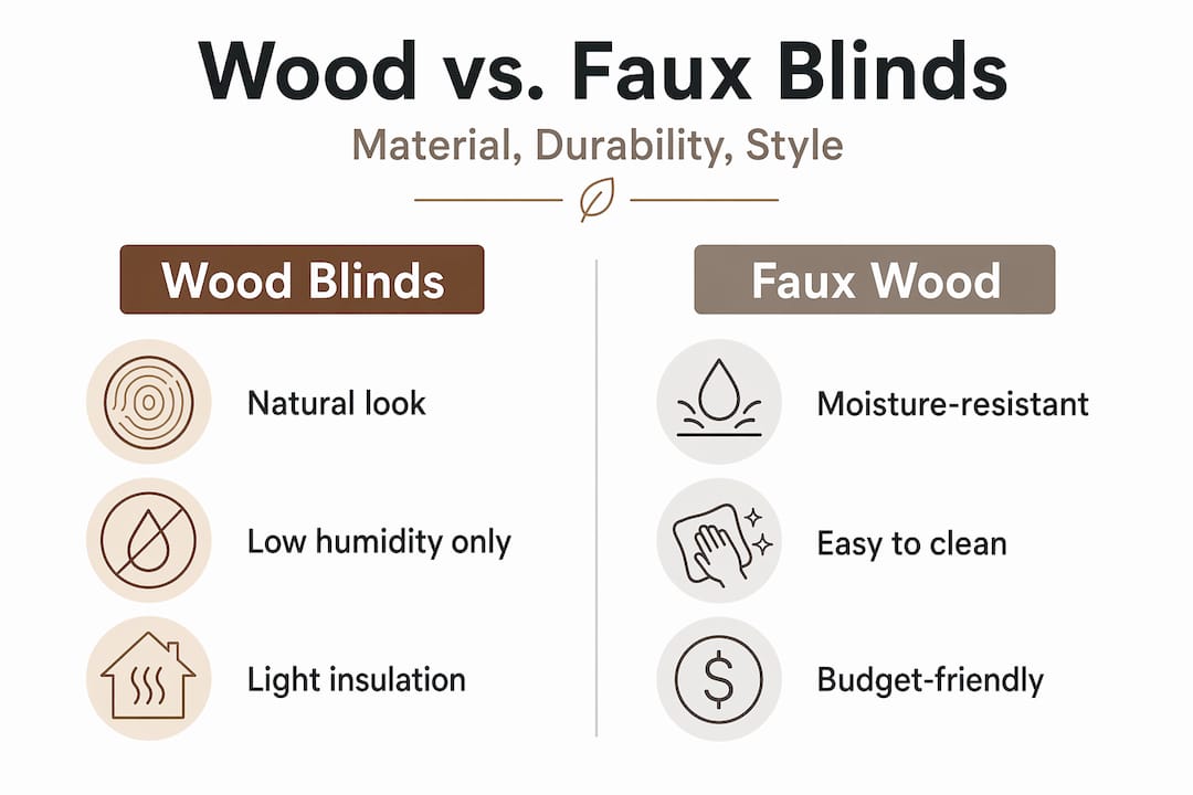 Wood versus faux blinds comparison infographic