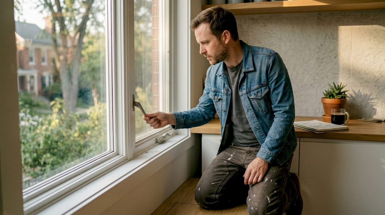 Man checking kitchen window for obstructions