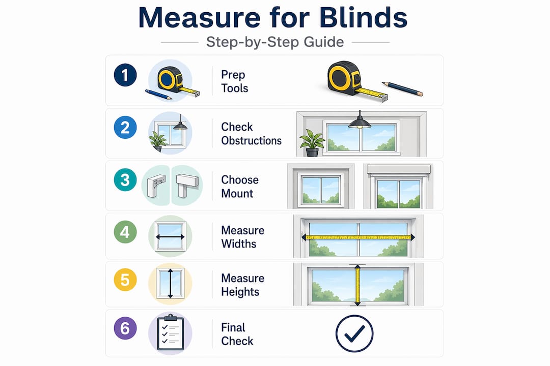 Infographic showing six steps to measure windows for blinds