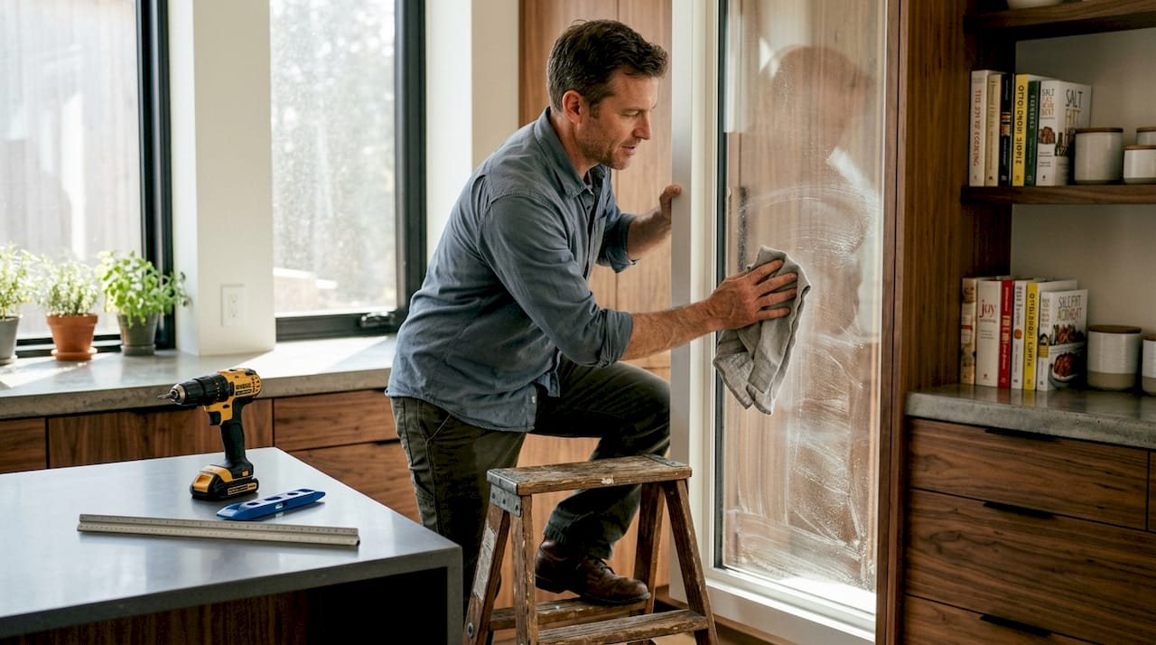 Cleaning window frame before blinds installation