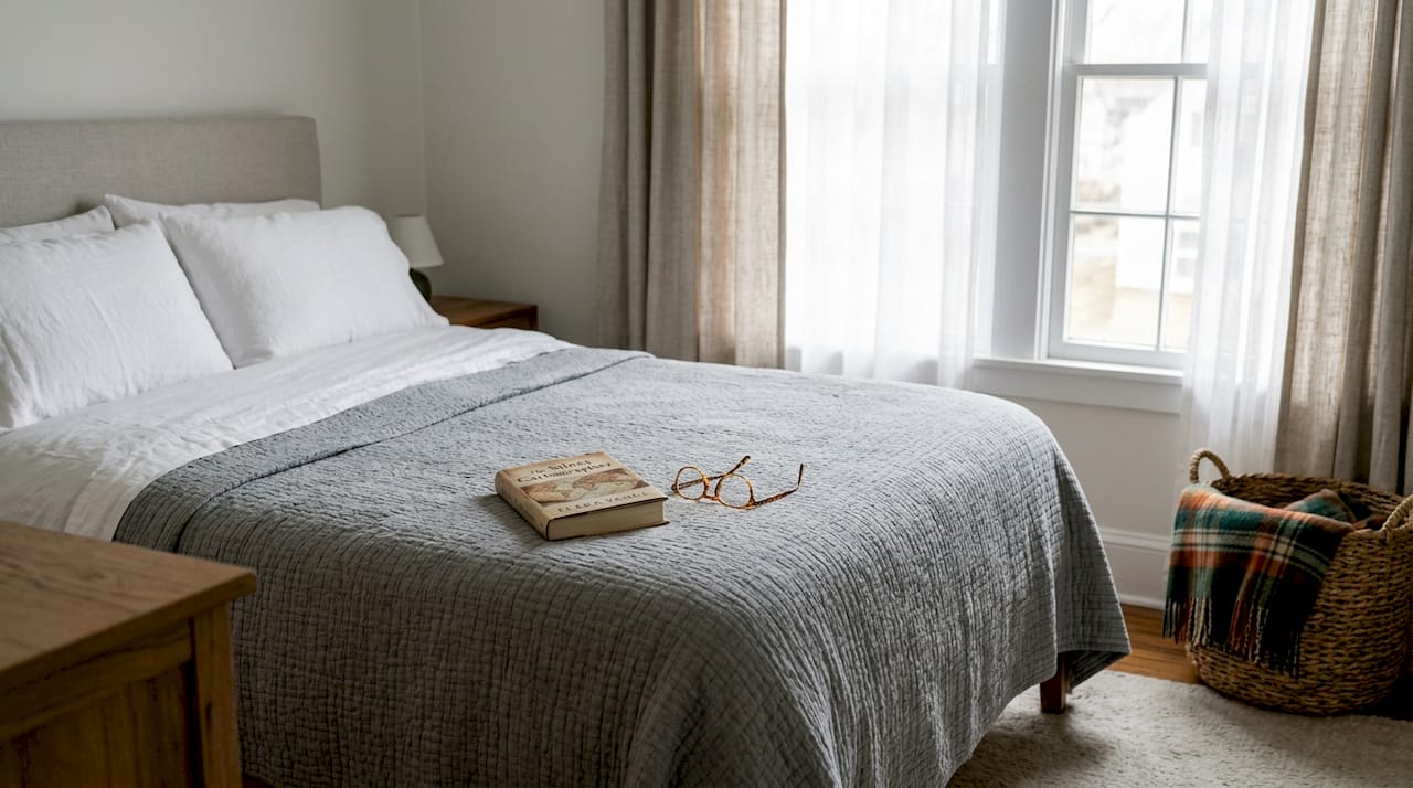 Bedroom with layered woven wood shades and drapes