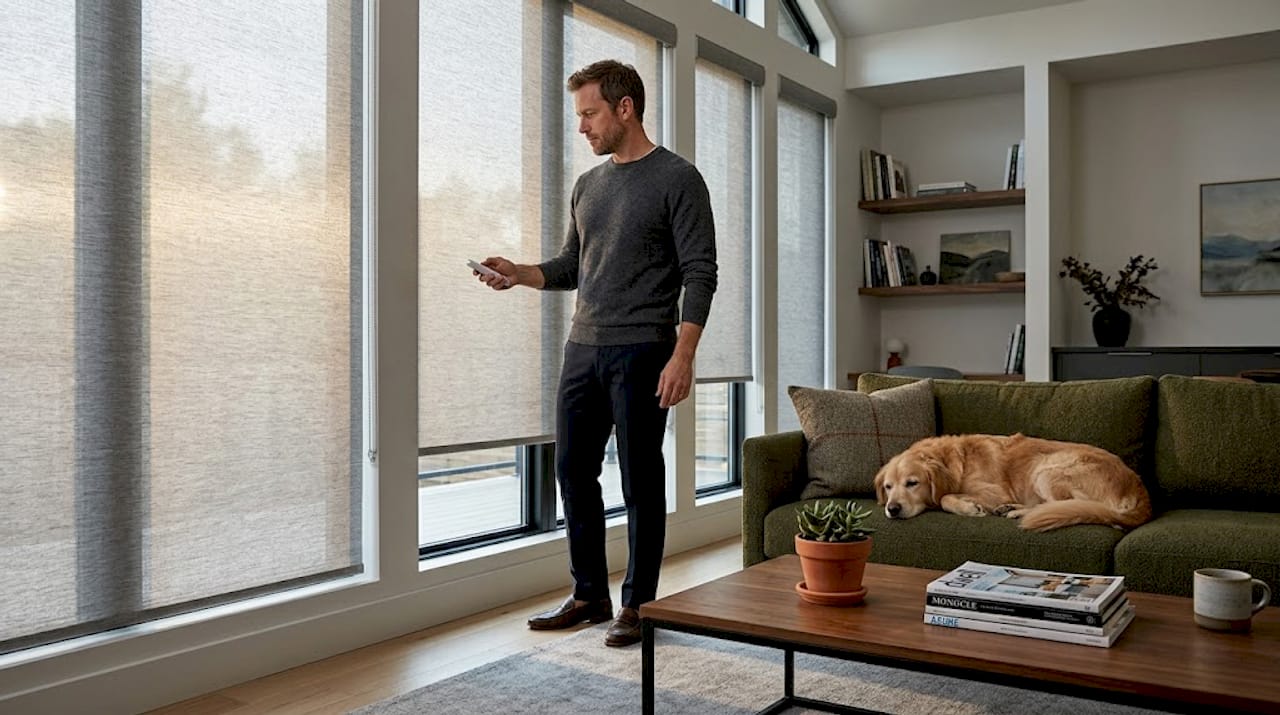 Homeowner adjusting motorized shades in kitchen