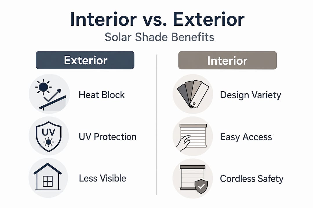 Infographic comparing interior and exterior solar shades