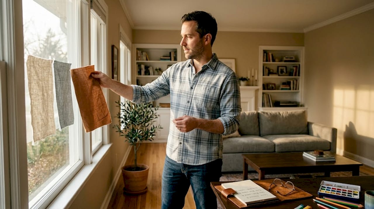 Man compares fabric samples by window
