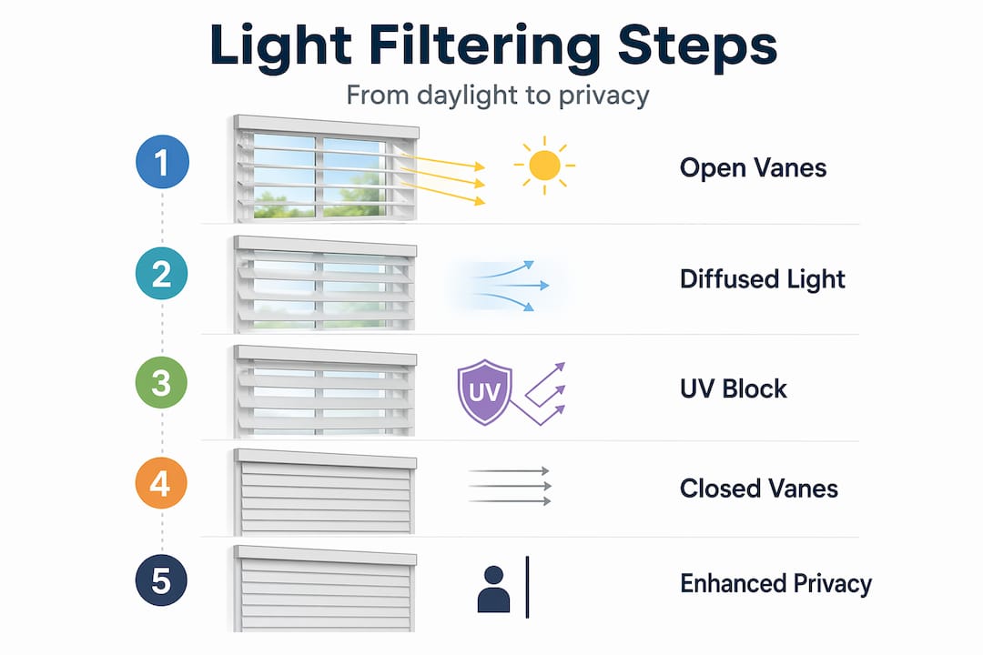 Infographic showing sheer shade operation steps