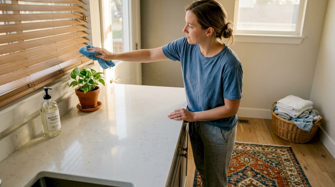 Hands cleaning faux wood blinds in kitchen