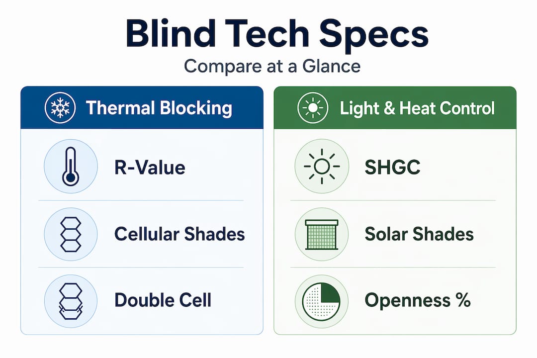 Infographic comparing blind tech specs: R-value vs SHGC