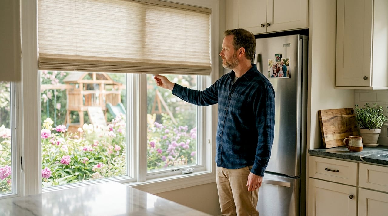 Dad adjusting cordless cellular shade at window