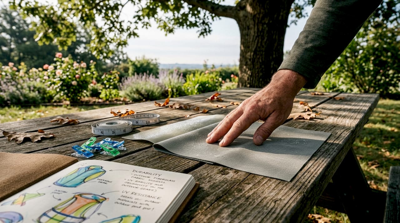 Close-up of outdoor shade fabrics and hand