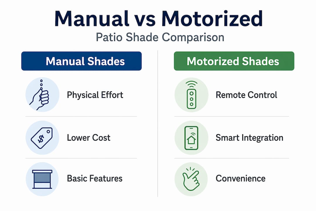Infographic comparing manual and motorized patio shades