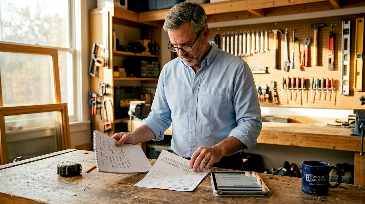 Man checking window measurements at kitchen table