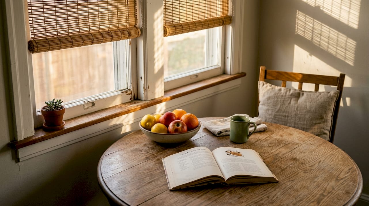 Close-up of bamboo slat blinds in sunlight