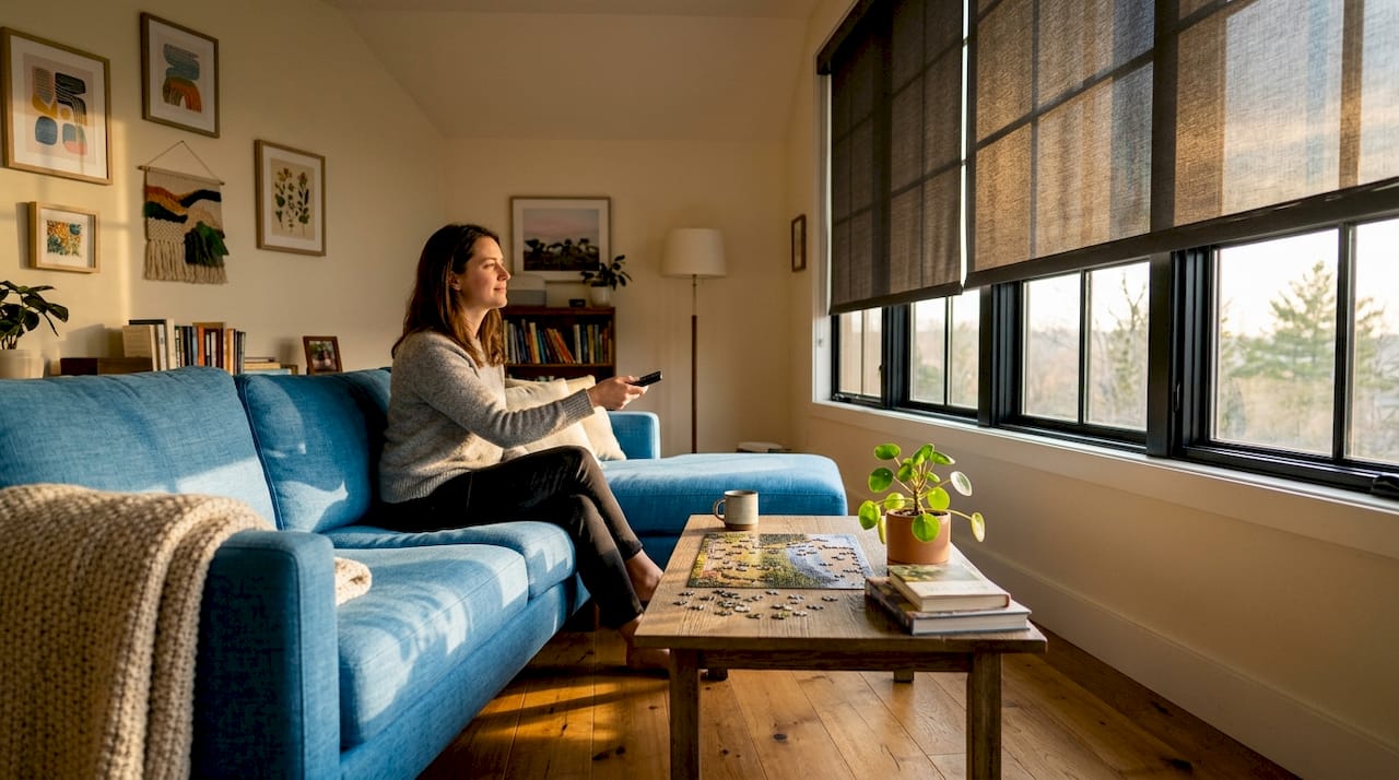 Woman lowers motorized roller shade with remote