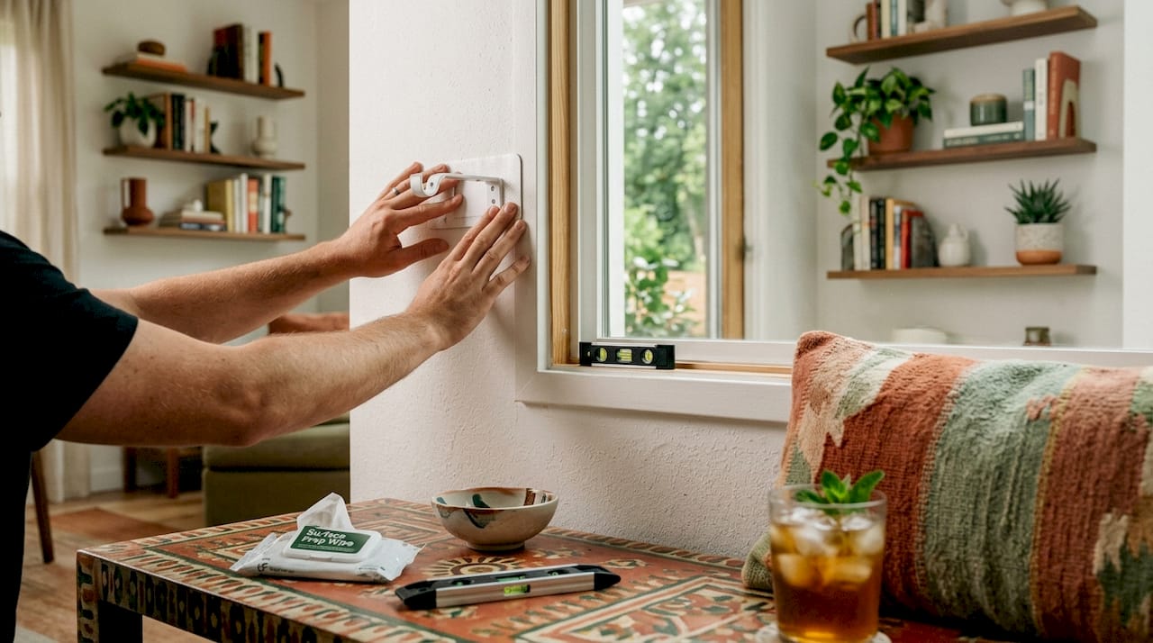 Hands installing adhesive curtain rod in kitchen
