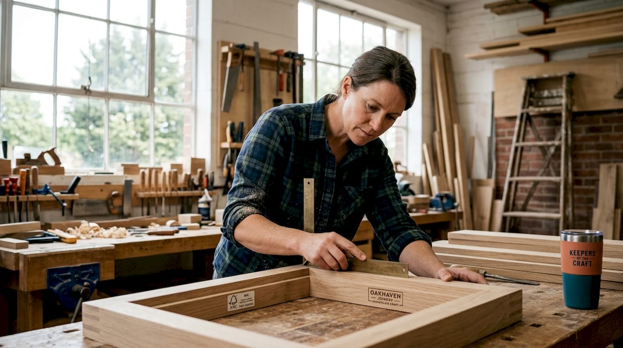 Contractor inspecting FSC-certified wood window frame