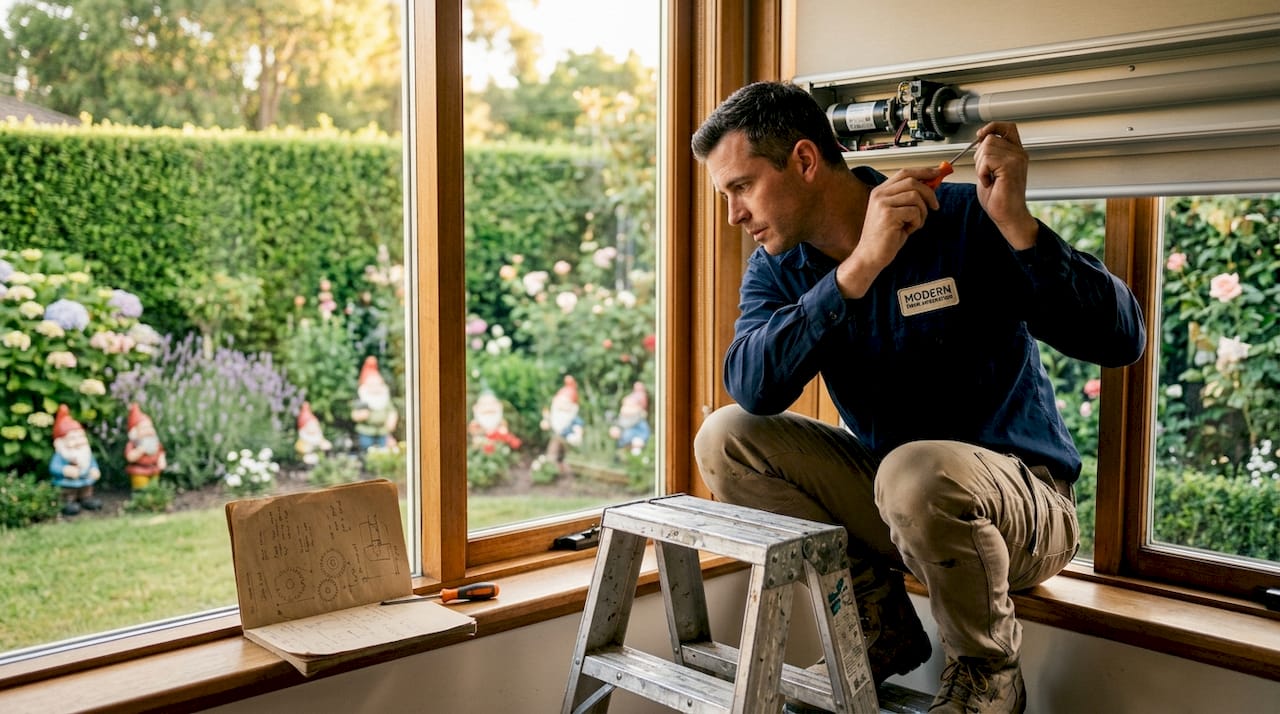 Installer checks motorized blind mechanism