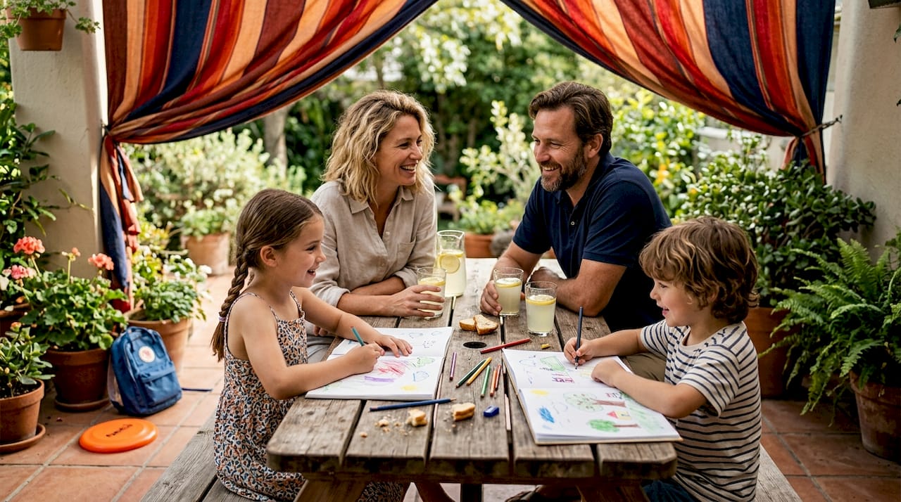 Family relaxing under patio shade fabric