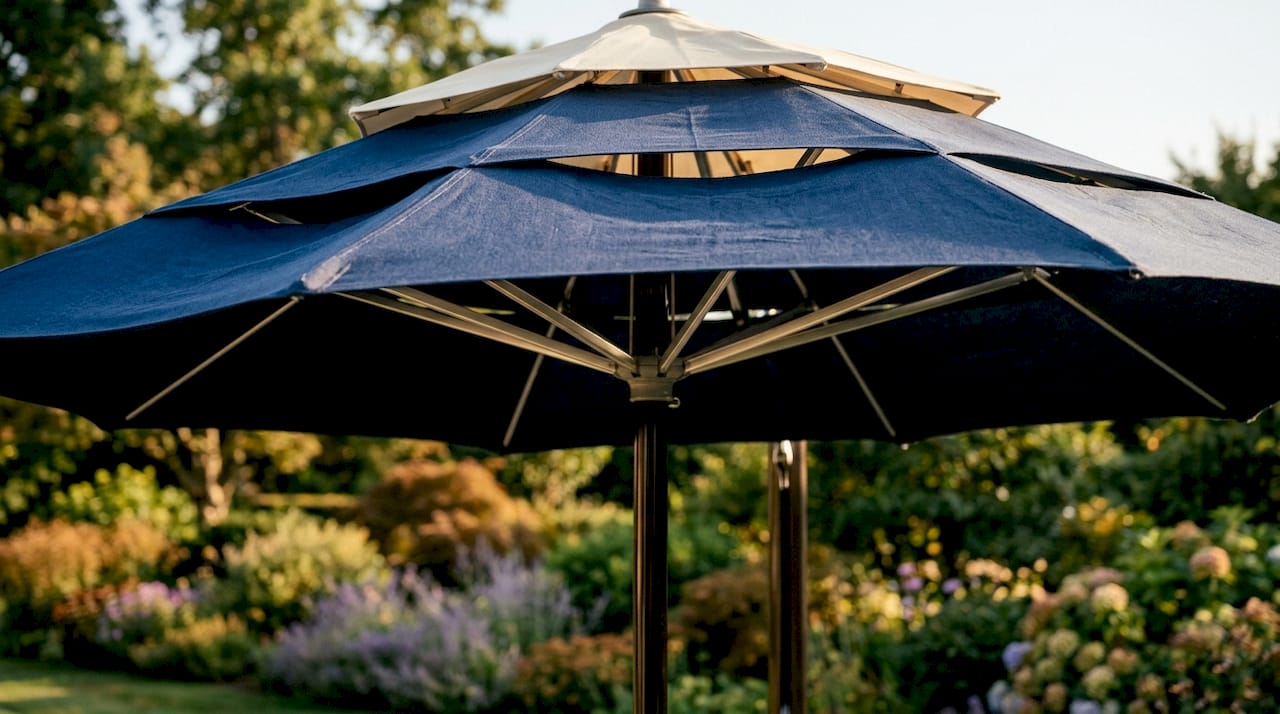 Close-up of vented canopy on patio umbrella