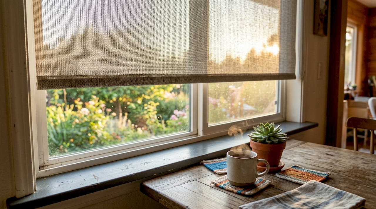 Close-up of solar shade filtering sunlight in home office