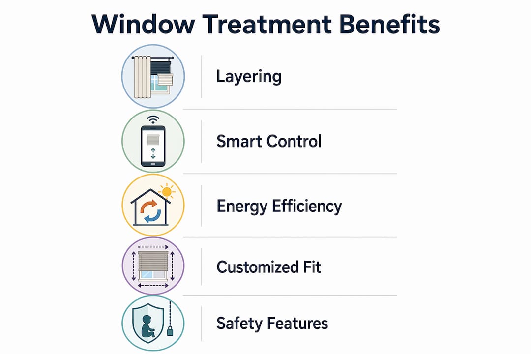 Infographic showing key benefits of modern window treatments