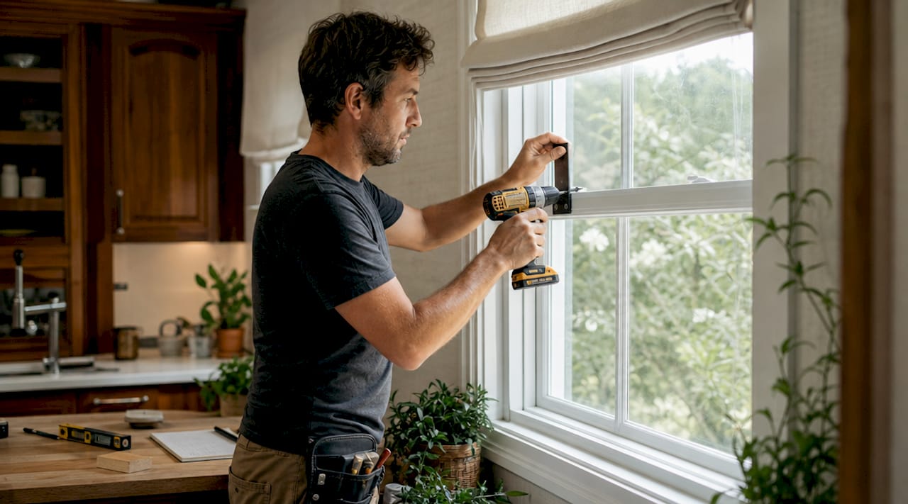Handyman mounting roman shades inside window frame