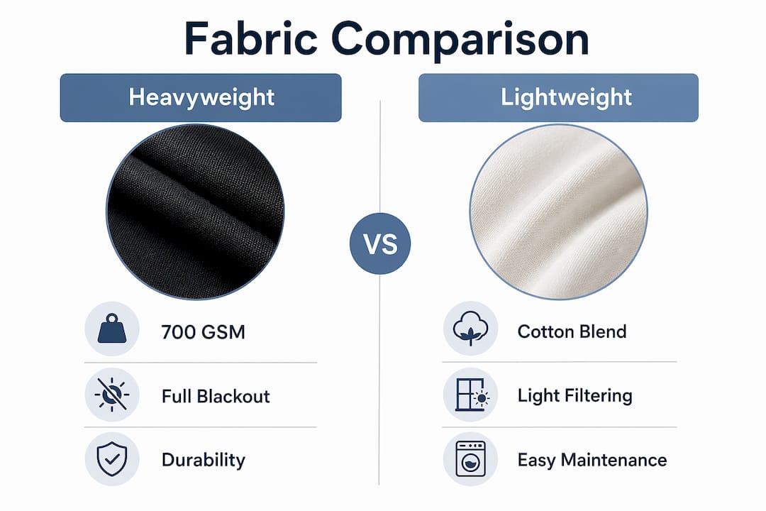 Infographic comparing heavyweight and lightweight roman shade fabrics