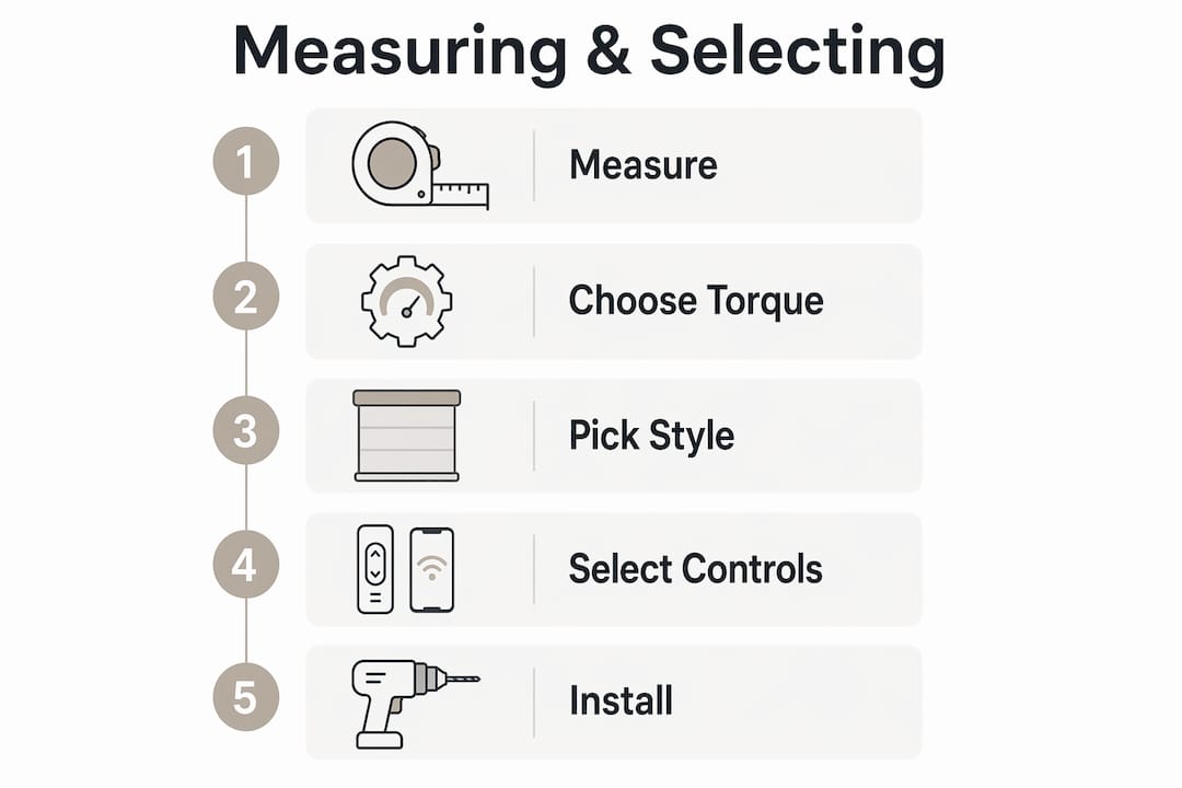 Step-by-step infographic on measuring and selecting motorized blinds