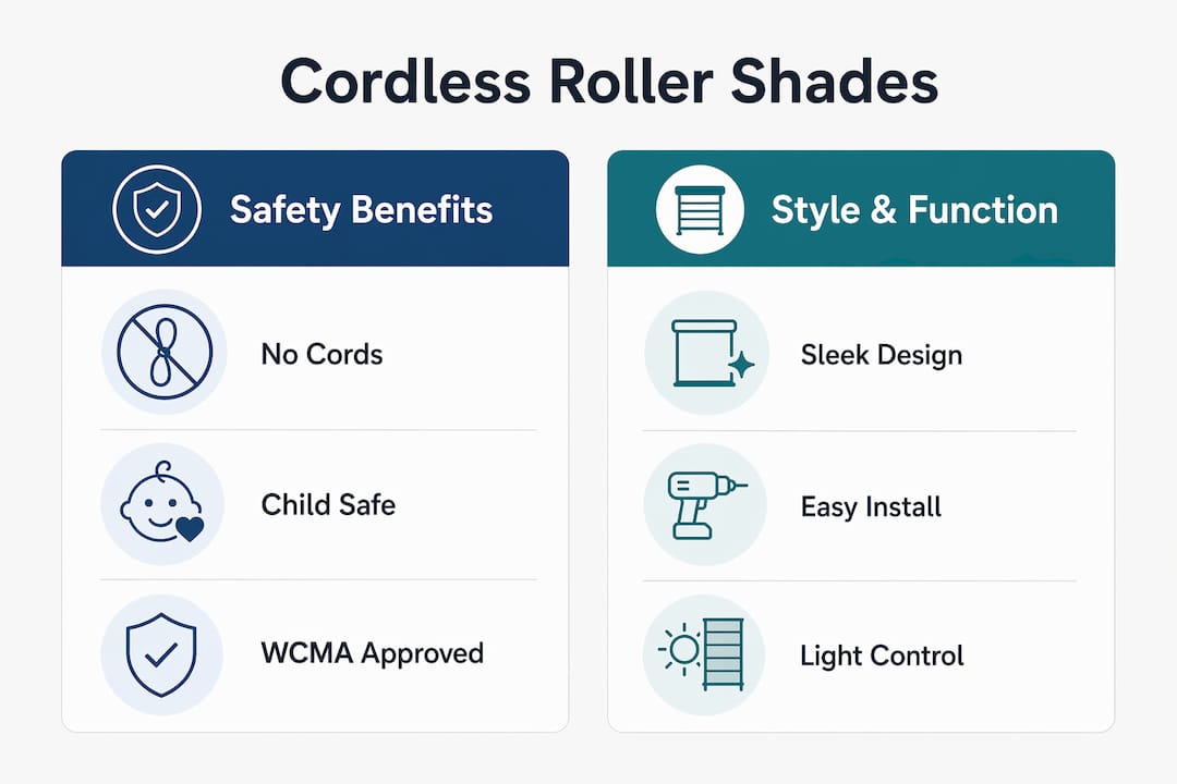 Infographic comparing safety benefits and style features of cordless roller shades