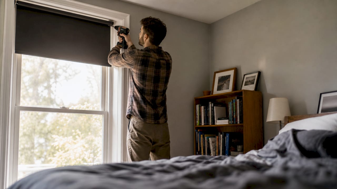 Hands installing blackout roller blinds in bedroom