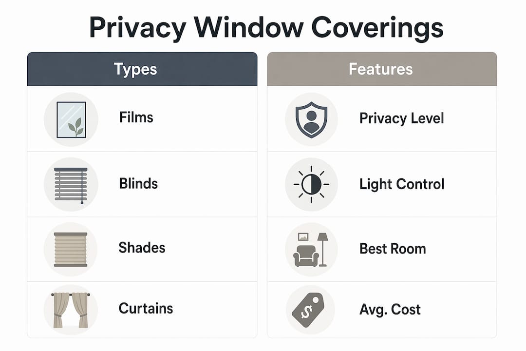 Infographic summarizing types and features of privacy window coverings