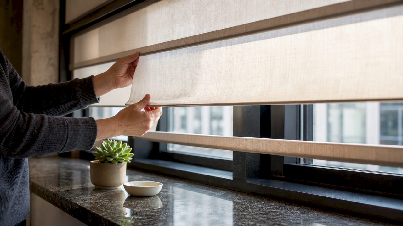 Close-up hands operating dual rail roman shades