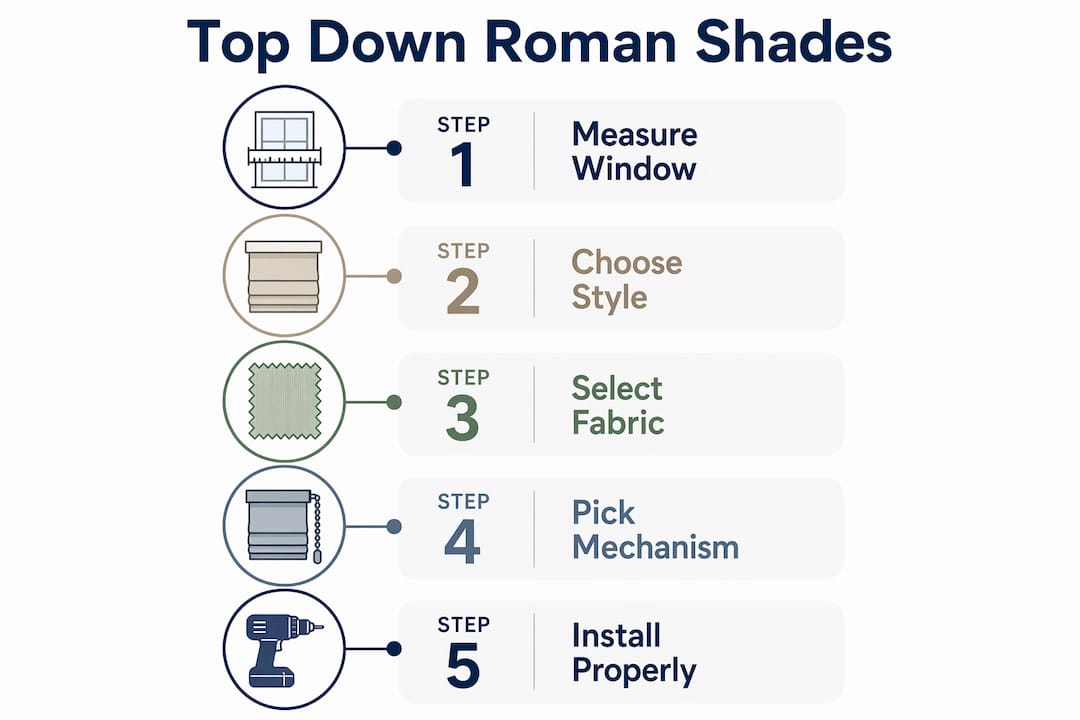 Infographic outlining steps to choose and install roman shades