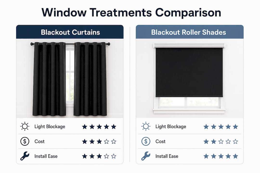 Infographic comparing blackout curtains and roller shades