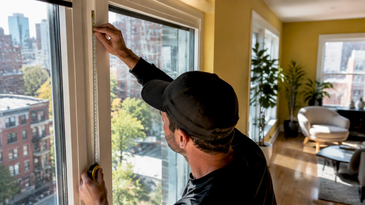 Hands using steel tape measure inside window frame