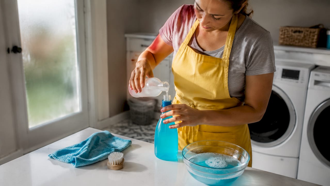 Hands preparing cleaning solution and tools on kitchen counter