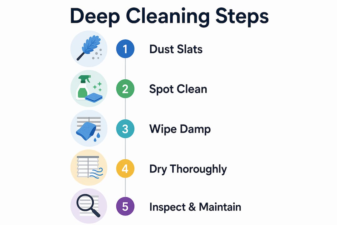Infographic showing step-by-step deep cleaning process for faux wood blinds
