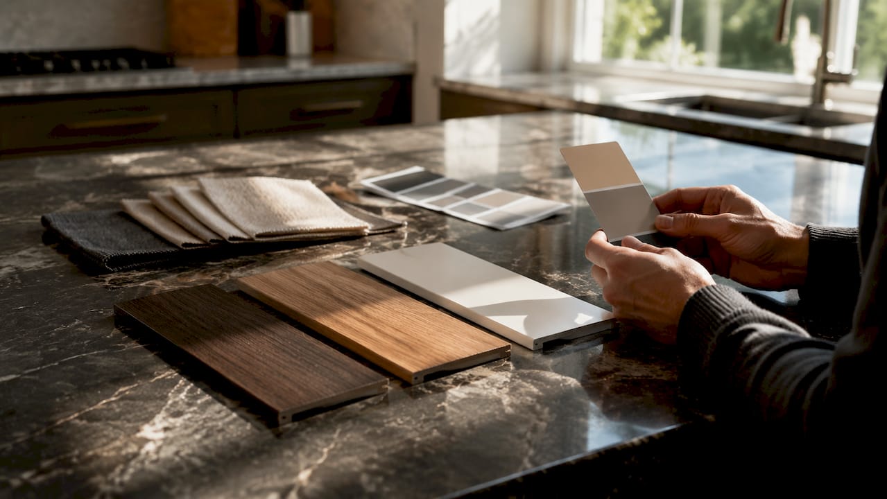 Close-up of faux wood, real wood, and vinyl window blind slats