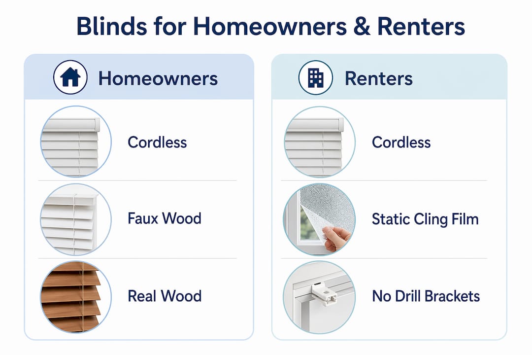 Infographic comparing 2 inch blinds choices for homeowners and renters