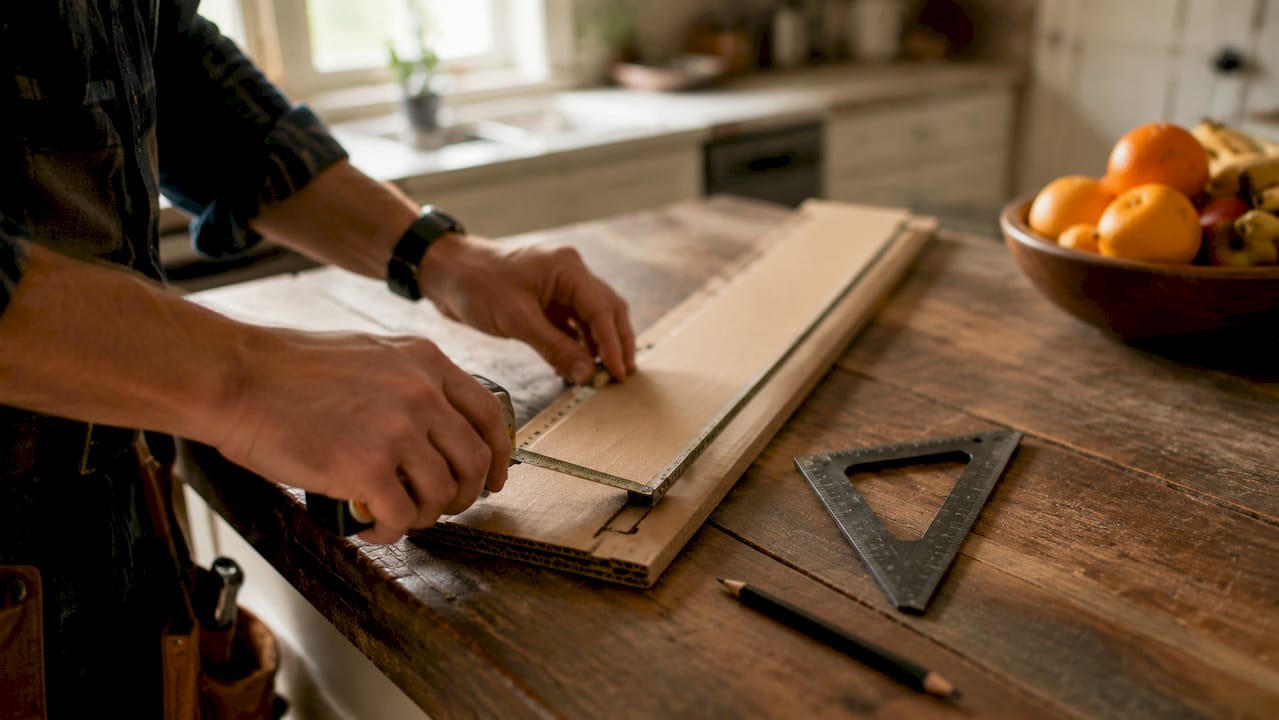 Close-up of hands using tape measure and cardboard template