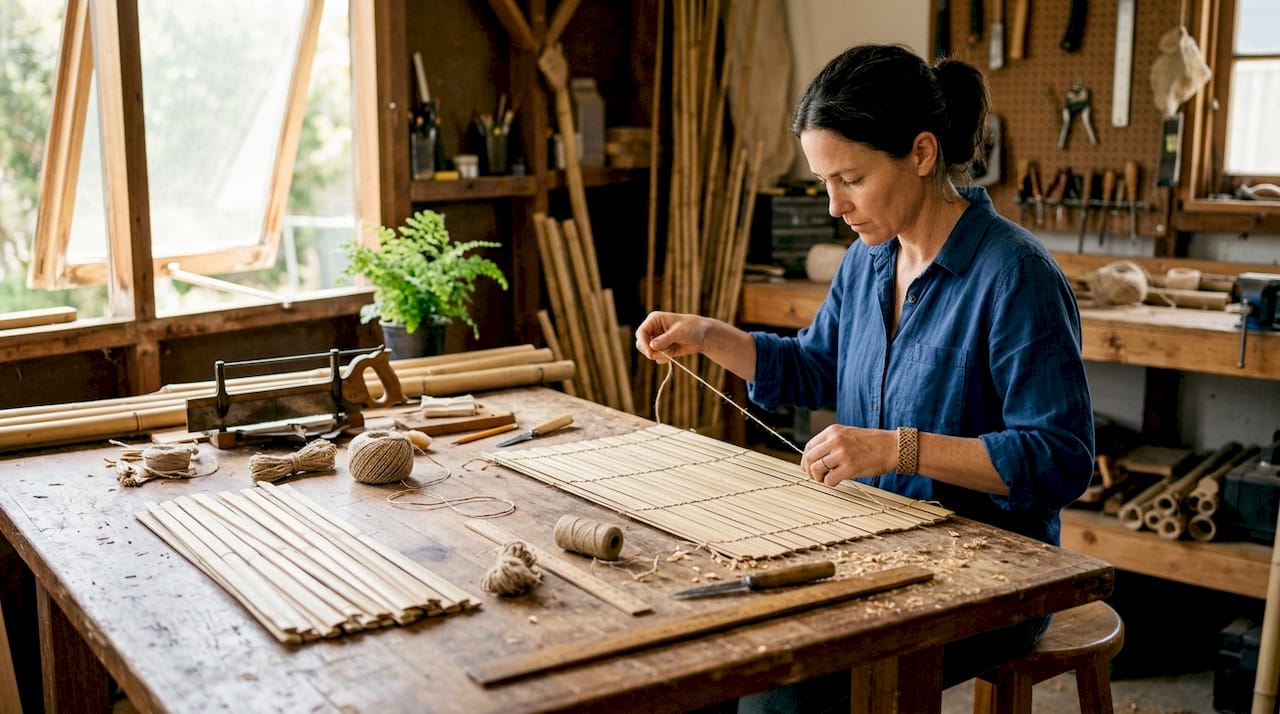 Hands assembling bamboo blinds on workbench