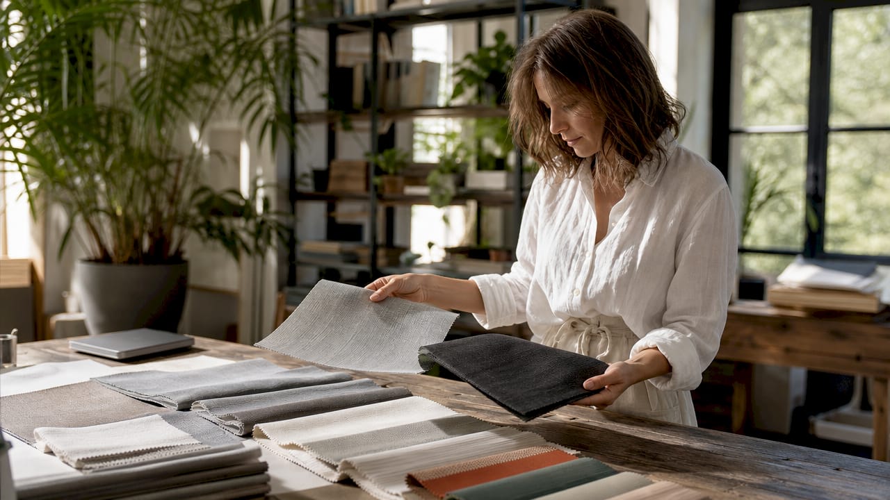 Hands examining wide-span blind fabric samples