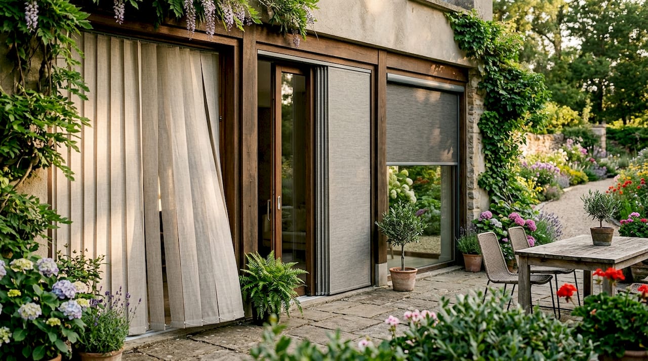 Three types of electric patio door blinds close-up