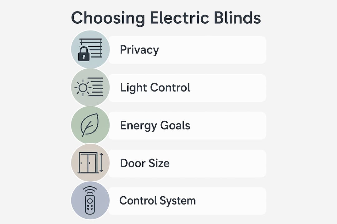 Infographic showing steps to choose electric patio door blinds