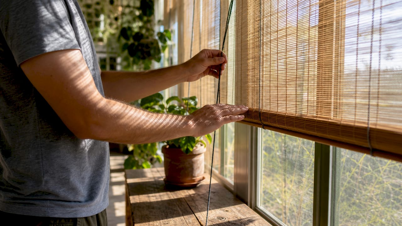 Hands installing bamboo blinds on window